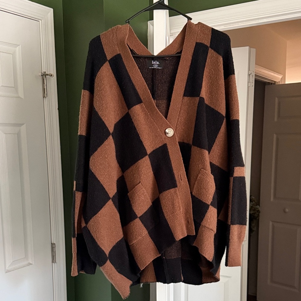 Dressed in LALA Brown & Black Checkered V-Neck Cardigan